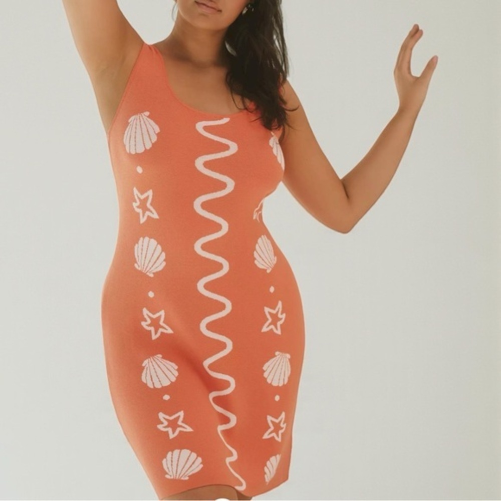 Anthropologie Beautiful Orange and White Shell Pattern Dress Size L